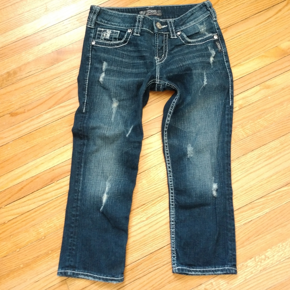 Silver Suki Flap Carpi Dark Blue Distressed Women Jeans, Size 26